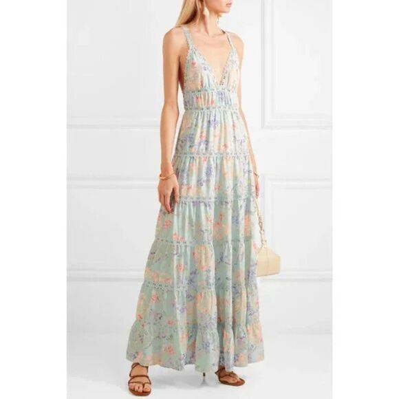 Alice + Olivia Karolina Crochet Trimmed Floral Chiffon Maxi Dress - Picture 1 of 11